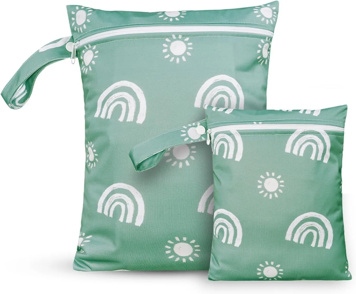 2 Pcs Wet Bags Waterproof Reusable Zippered Pocket Cloth Diaper Wet Dry Bags for Travel Beach Pool Swim, Baby Diapers,Gym Yoga Wet Clothes,Swimsuit,water wipes(Rainbow Green)
