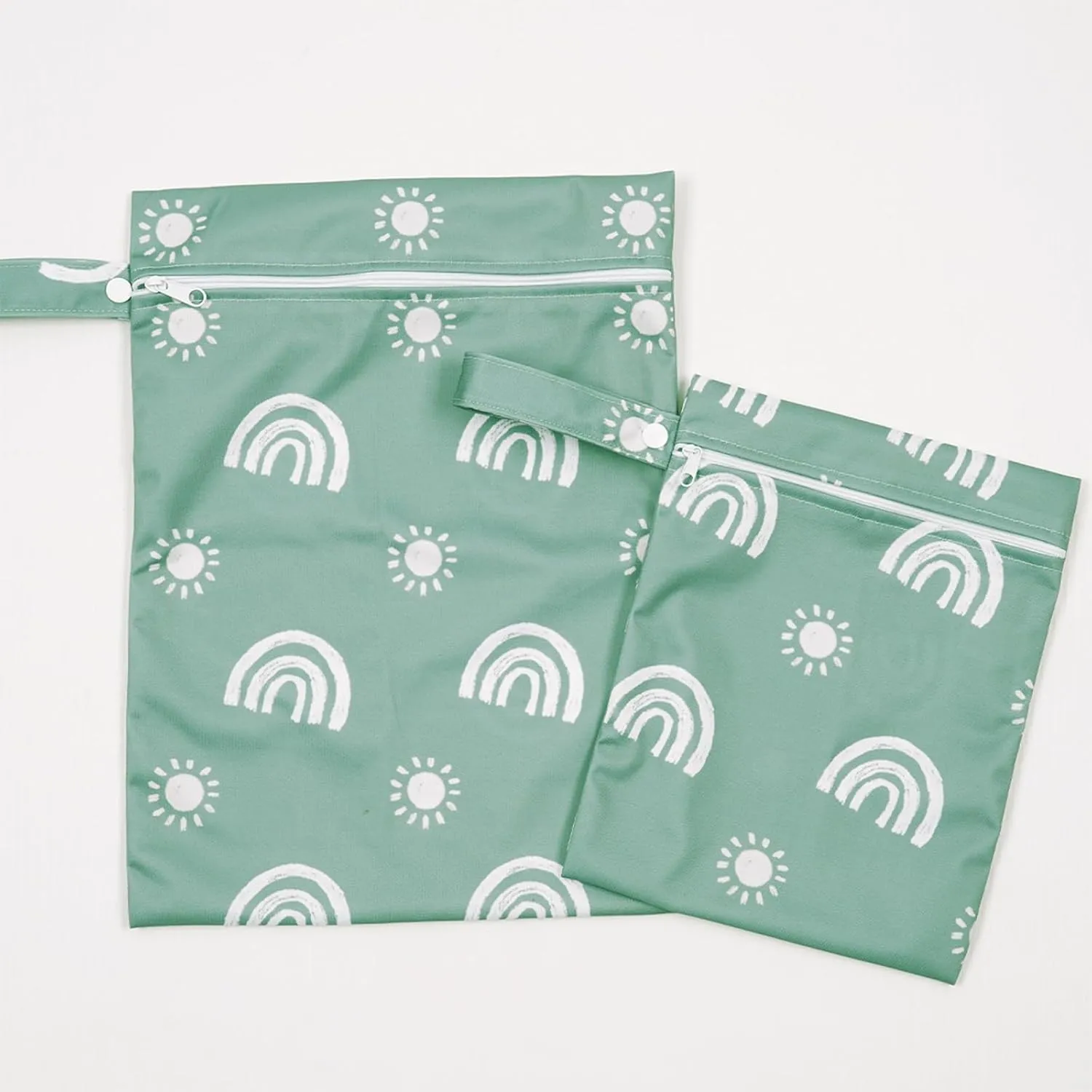 2 Pcs Wet Bags Waterproof Reusable Zippered Pocket Cloth Diaper Wet Dry Bags for Travel Beach Pool Swim, Baby Diapers,Gym Yoga Wet Clothes,Swimsuit,water wipes(Rainbow Green)