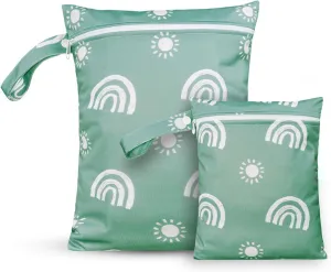 2 Pcs Wet Bags Waterproof Reusable Zippered Pocket Cloth Diaper Wet Dry Bags for Travel Beach Pool Swim, Baby Diapers,Gym Yoga Wet Clothes,Swimsuit,water wipes(Rainbow Green)