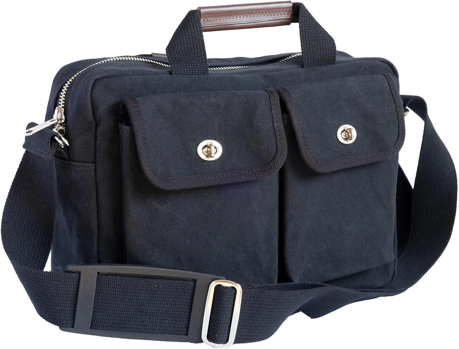 2 Pocket Cotton Canvas Leather Shoulder Bag with Handle Moss Green For All Purpose Use (Black)