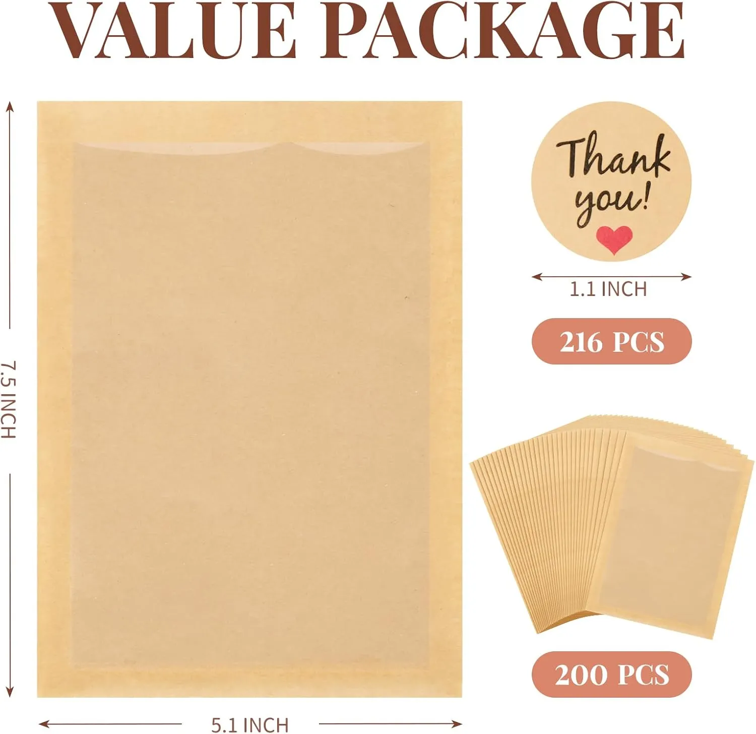 200 Pack Heat-Sealable Cookie Bags with Window, 5.1 x 7.5 Inches Small Clear Front To Go Bakery Bags, Grease Resistant Kraft Paper Treat Sleeves for Packaging Snack Donut Pastry (Brown)