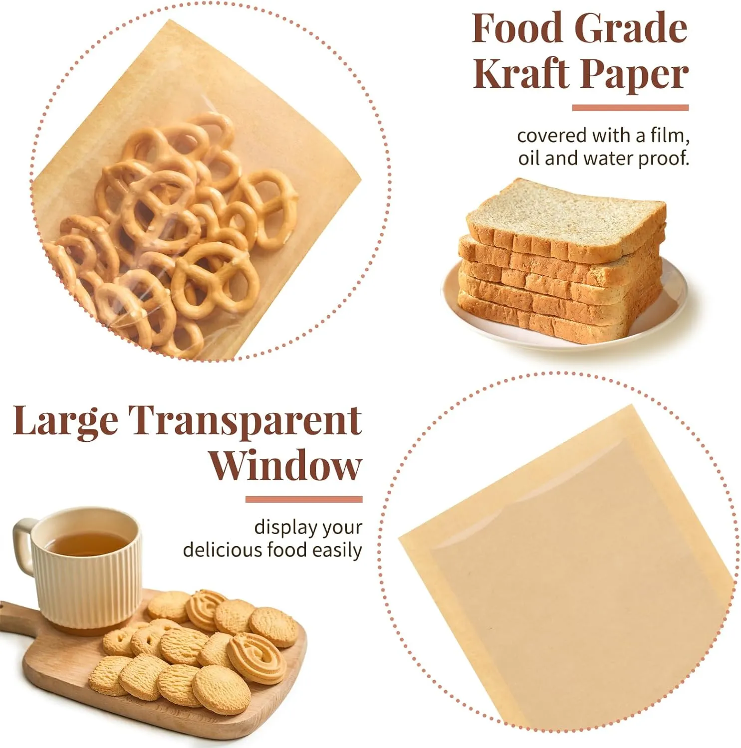 200 Pack Heat-Sealable Cookie Bags with Window, 5.1 x 7.5 Inches Small Clear Front To Go Bakery Bags, Grease Resistant Kraft Paper Treat Sleeves for Packaging Snack Donut Pastry (Brown)