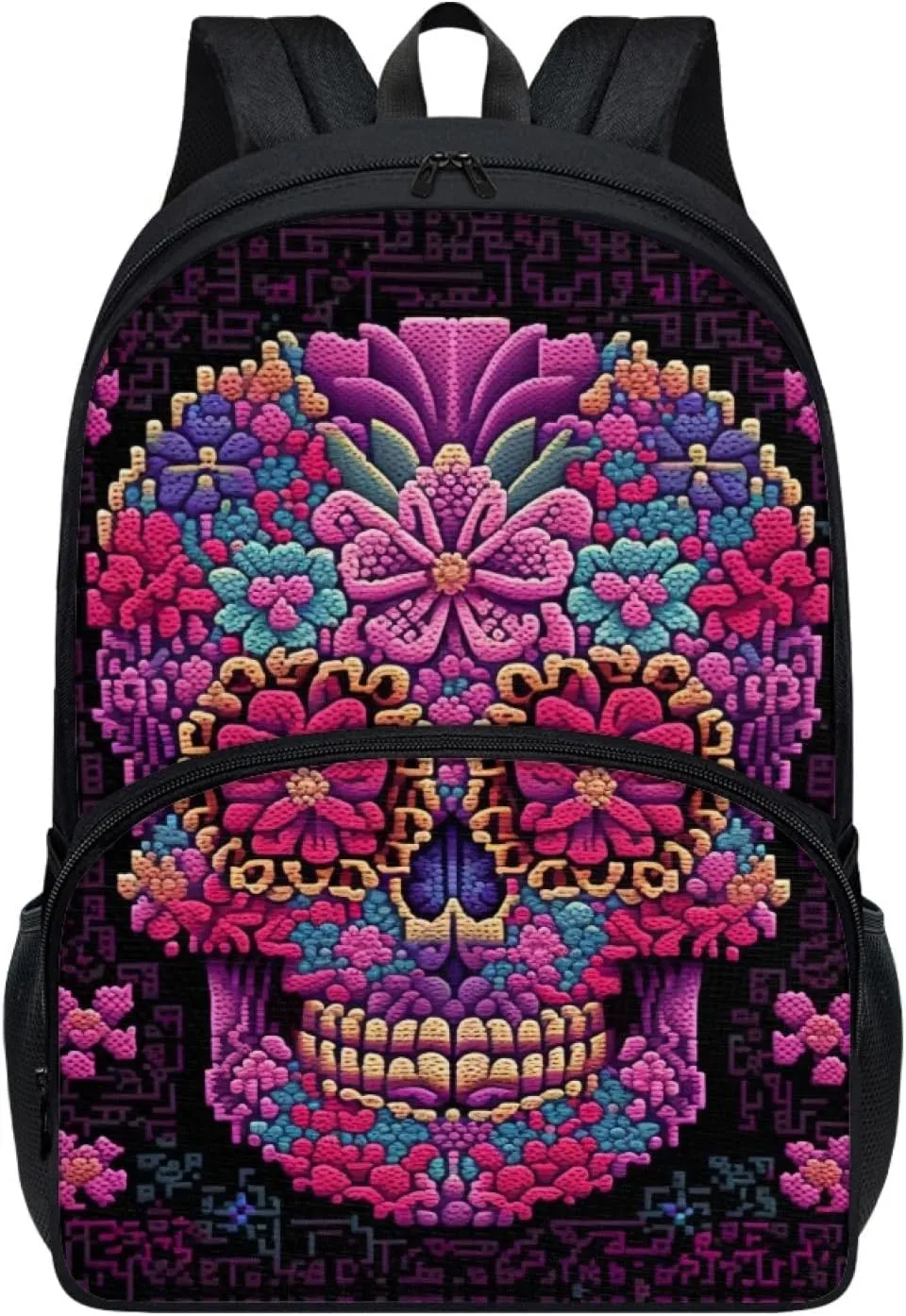 2023 Magenta Floral Skull Schoolbag Boys Girls Middle High School 17" Double Zipper Gothic Flowers Skeleton Daypack Durable Knapsack Bookbags Laptop Compartment