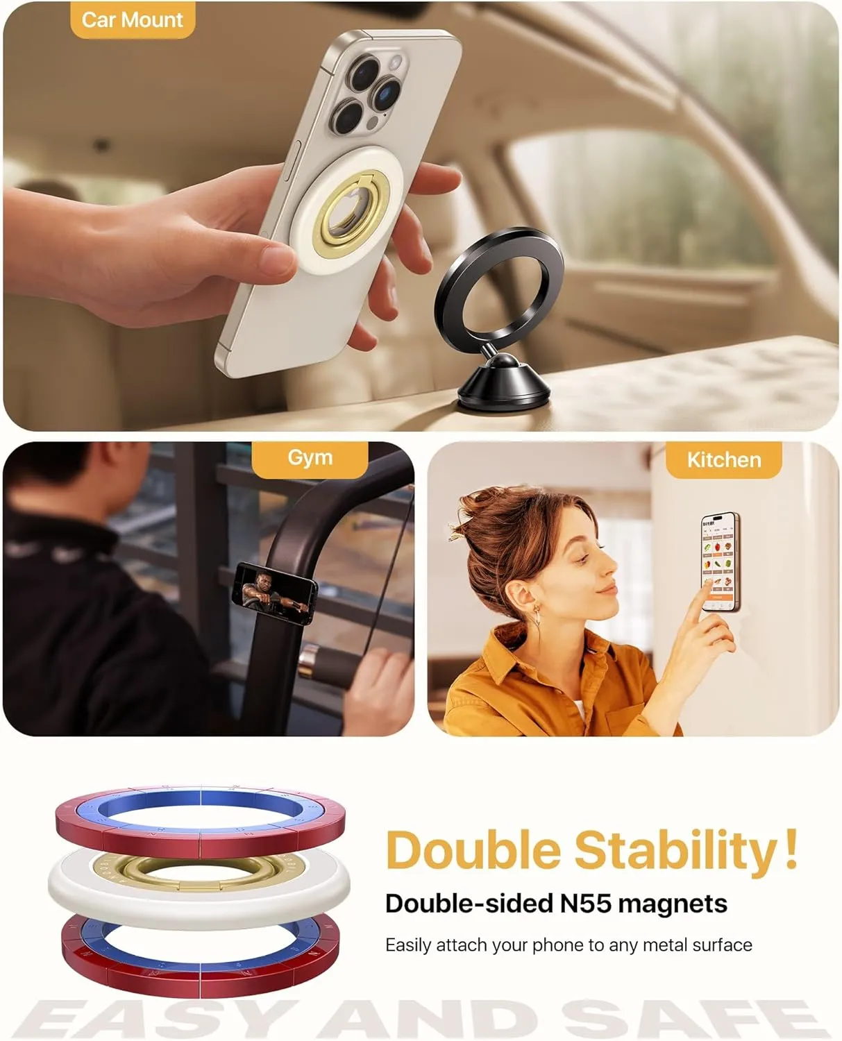 2025 [Sability Max] Magnetic Phone Grip [Rotate Ring & Ultra-Strong Dual-Sided Magnet] iPhone Ring Holder Compatible with MagSafe iPhone 16 Pro Max 15 14 13 12 Samsung S25 etc, Gym Accessories, White
