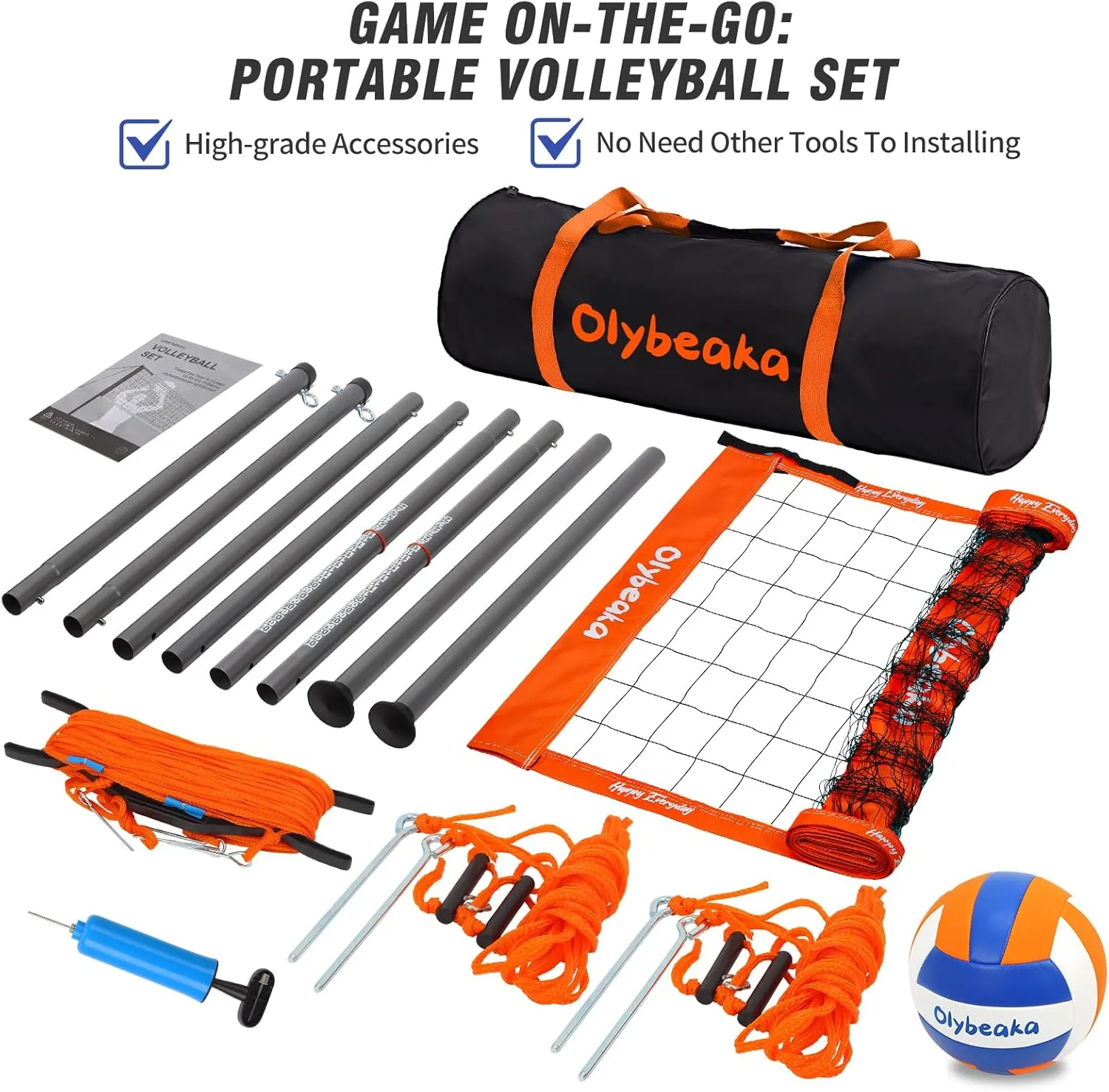 20ft Portable Volleyball Net Set for Backyard Beach, Outdoor Height Adjustable Volleyball Net System with Heavy Duty Poles, Durable Net, PU Volleyball & Pump, Carry Bag
