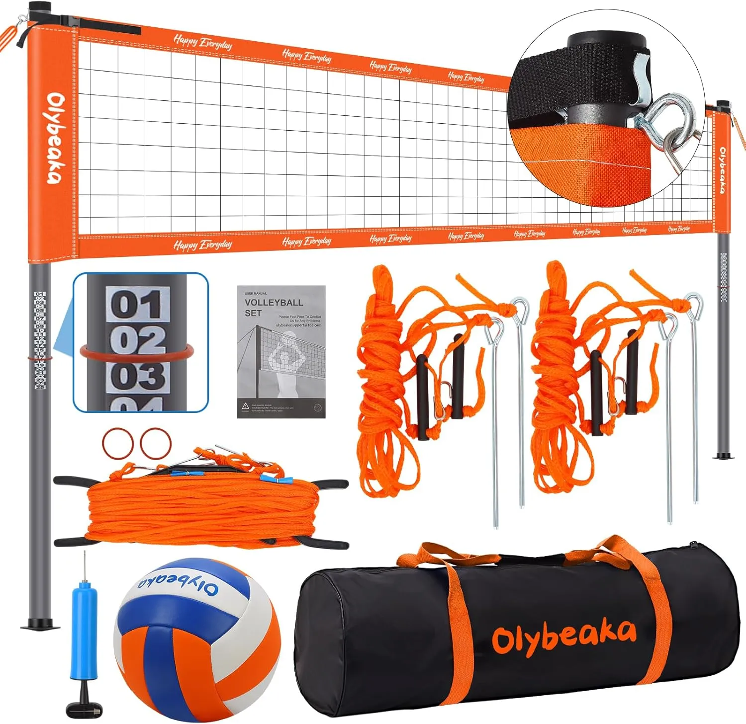 20ft Portable Volleyball Net Set for Backyard Beach, Outdoor Height Adjustable Volleyball Net System with Heavy Duty Poles, Durable Net, PU Volleyball & Pump, Carry Bag