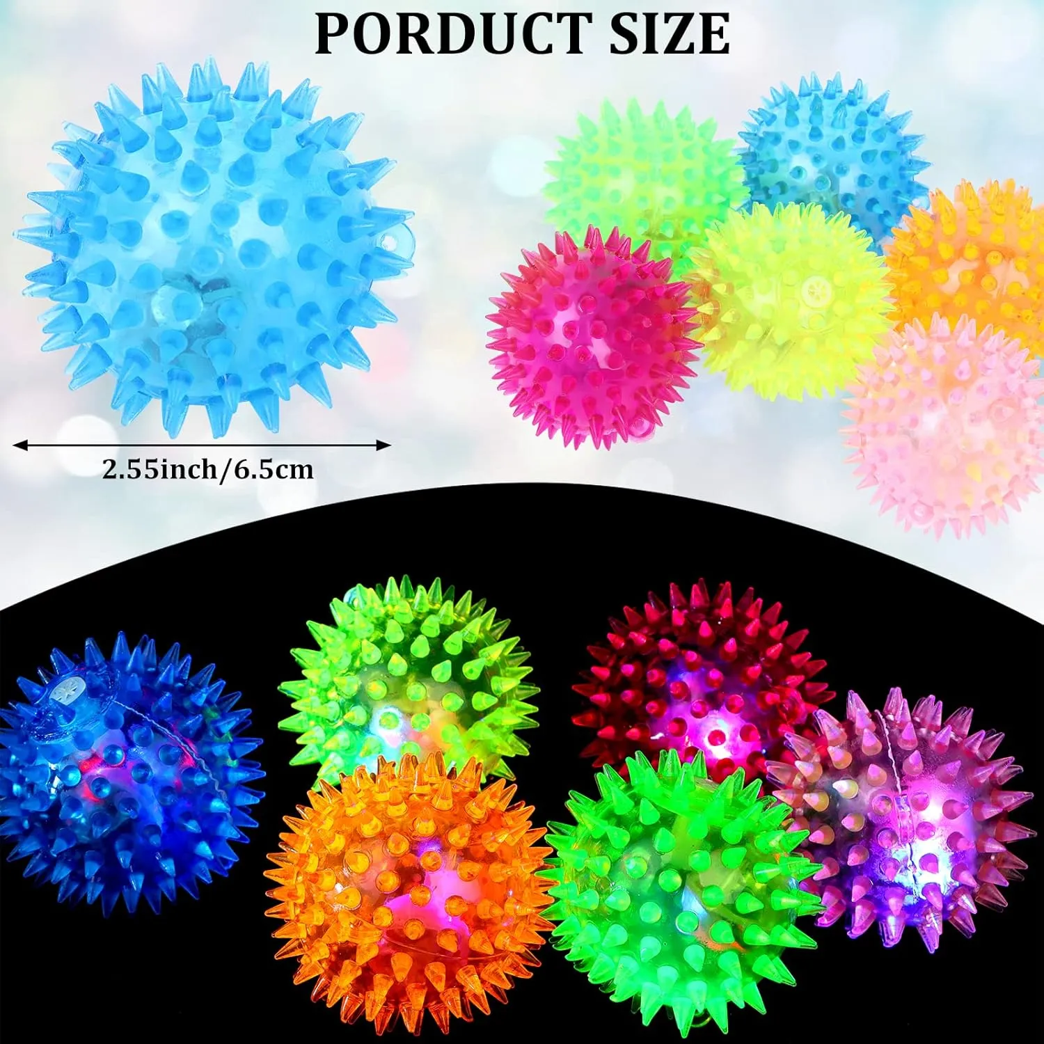 24 Pieces Light Up Bouncy Ball Light up Spike Rubber Ball Sensory Toy Flashing Spiky Sensory Stress Balls for Party Favors Student Gifts School Rewards(Cordless)