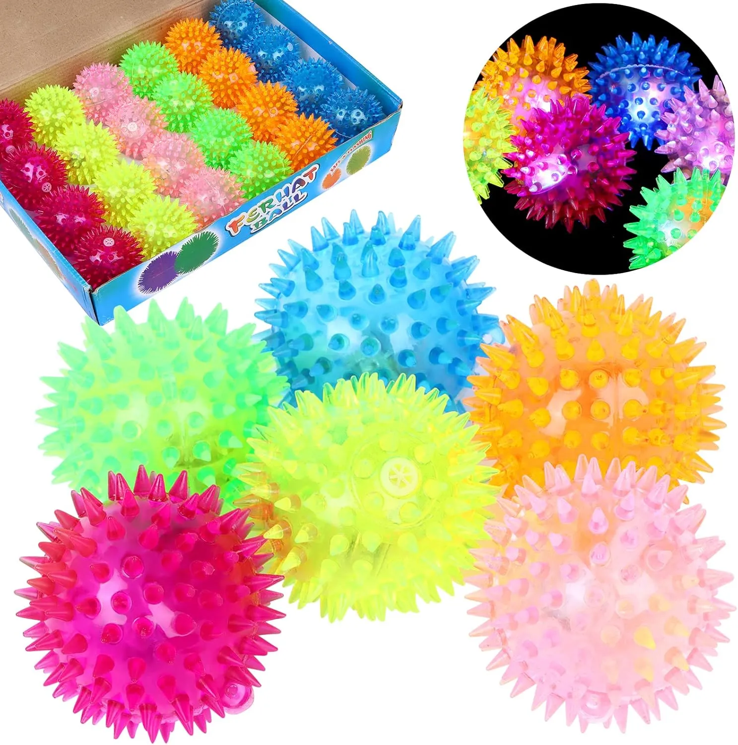 24 Pieces Light Up Bouncy Ball Light up Spike Rubber Ball Sensory Toy Flashing Spiky Sensory Stress Balls for Party Favors Student Gifts School Rewards(Cordless)