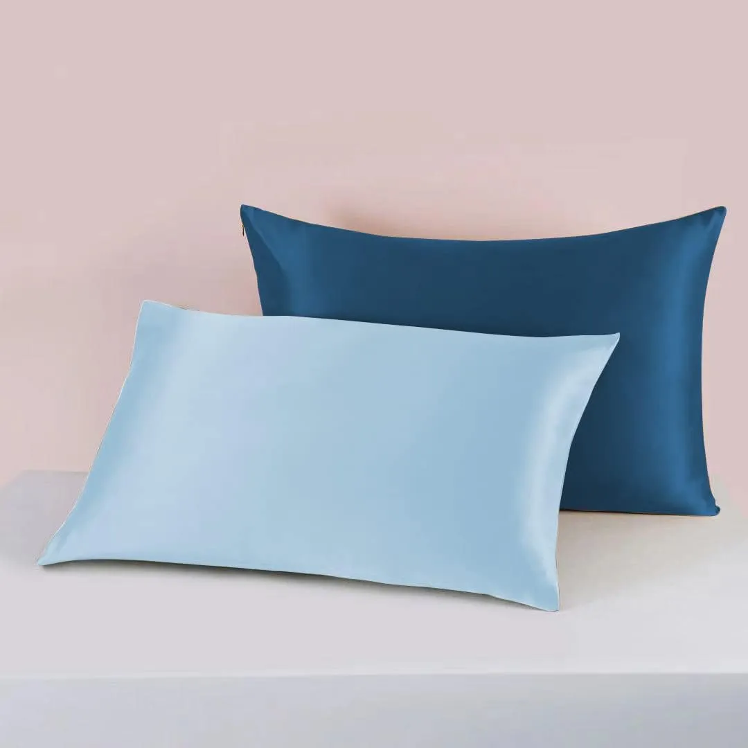 25 Momme Premium Mulberry Blue Silk Pillowcase for Hair and Skin | Handcrafted Hypoallergenic & Anti-Acne Silk Pillow Cases with Zipper | King - 20" x 36", Ocean