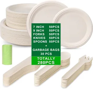 280 PCS Compostable Paper Plates Set, Disposable Dinnerware Set for Party Sugarcane Plates, INCLUDES 30 Degradable Garbage Bags for Easy Clean Up, Long Forks & Knives & Spoonsfor 50 People
