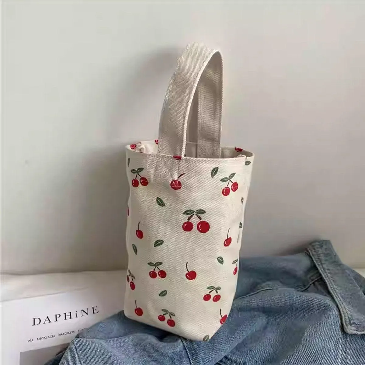 2pcs Cartoon Printed Canvas Bag Cute Casual Handbag Cup Holder Tote Bag Set