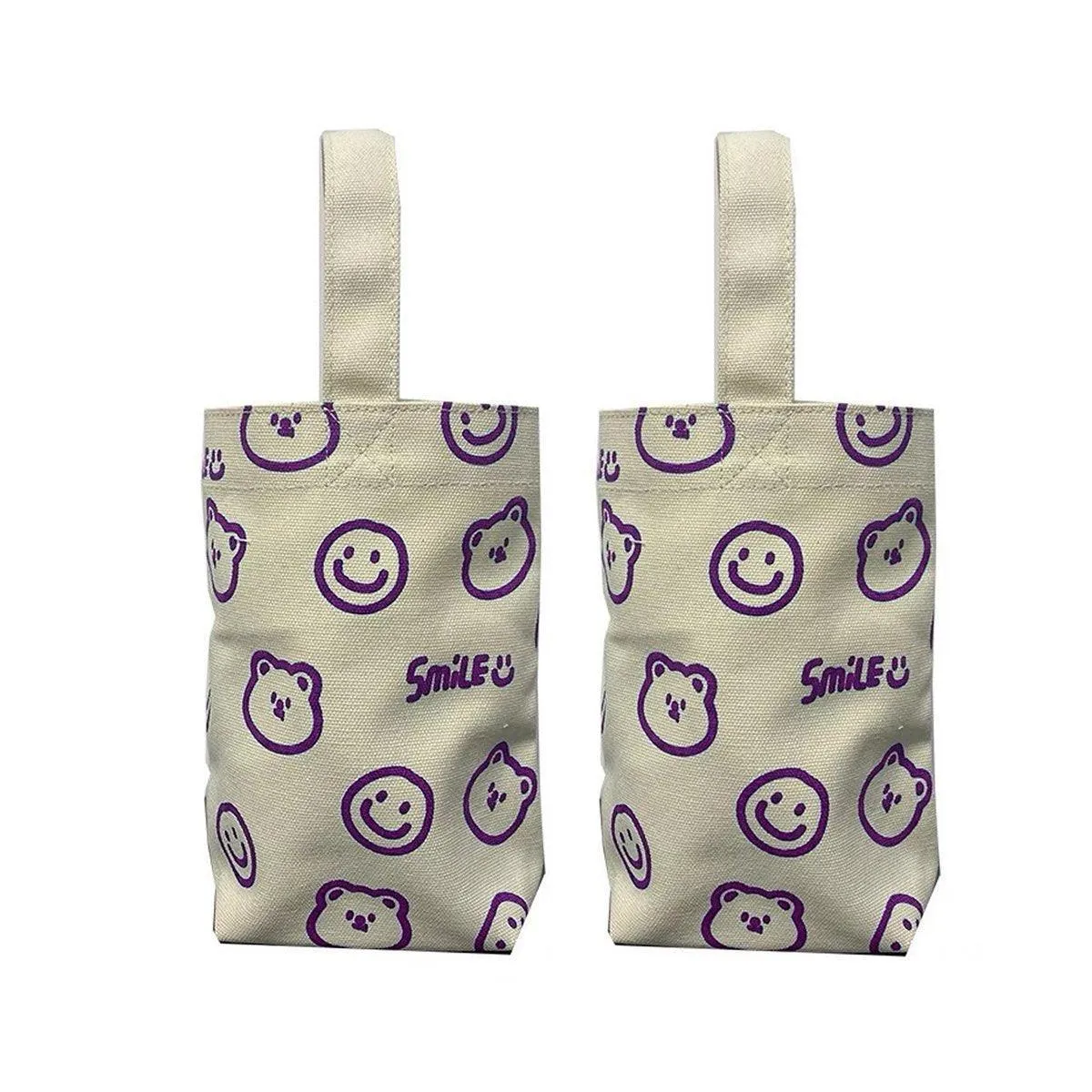2pcs Cartoon Printed Canvas Bag Cute Casual Handbag Cup Holder Tote Bag Set