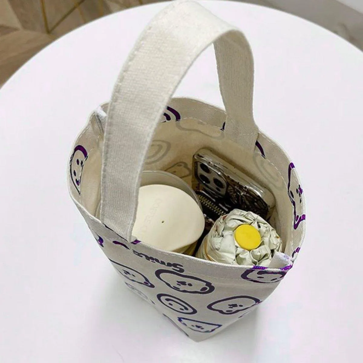 2pcs Cartoon Printed Canvas Bag Cute Casual Handbag Cup Holder Tote Bag Set
