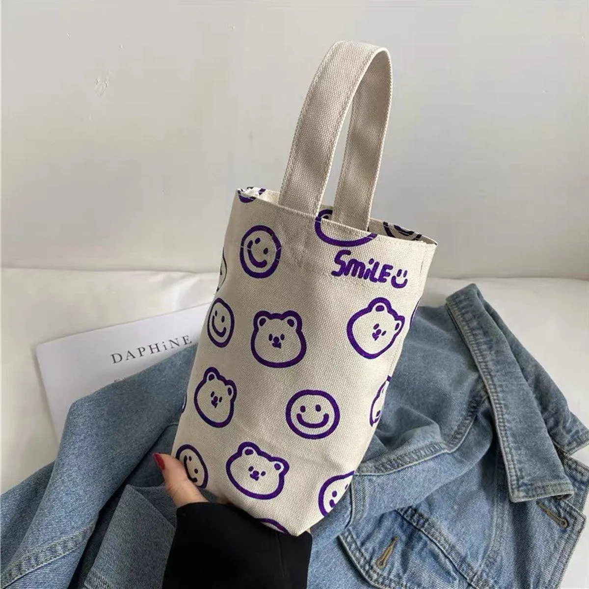 2pcs Cartoon Printed Canvas Bag Cute Casual Handbag Cup Holder Tote Bag Set