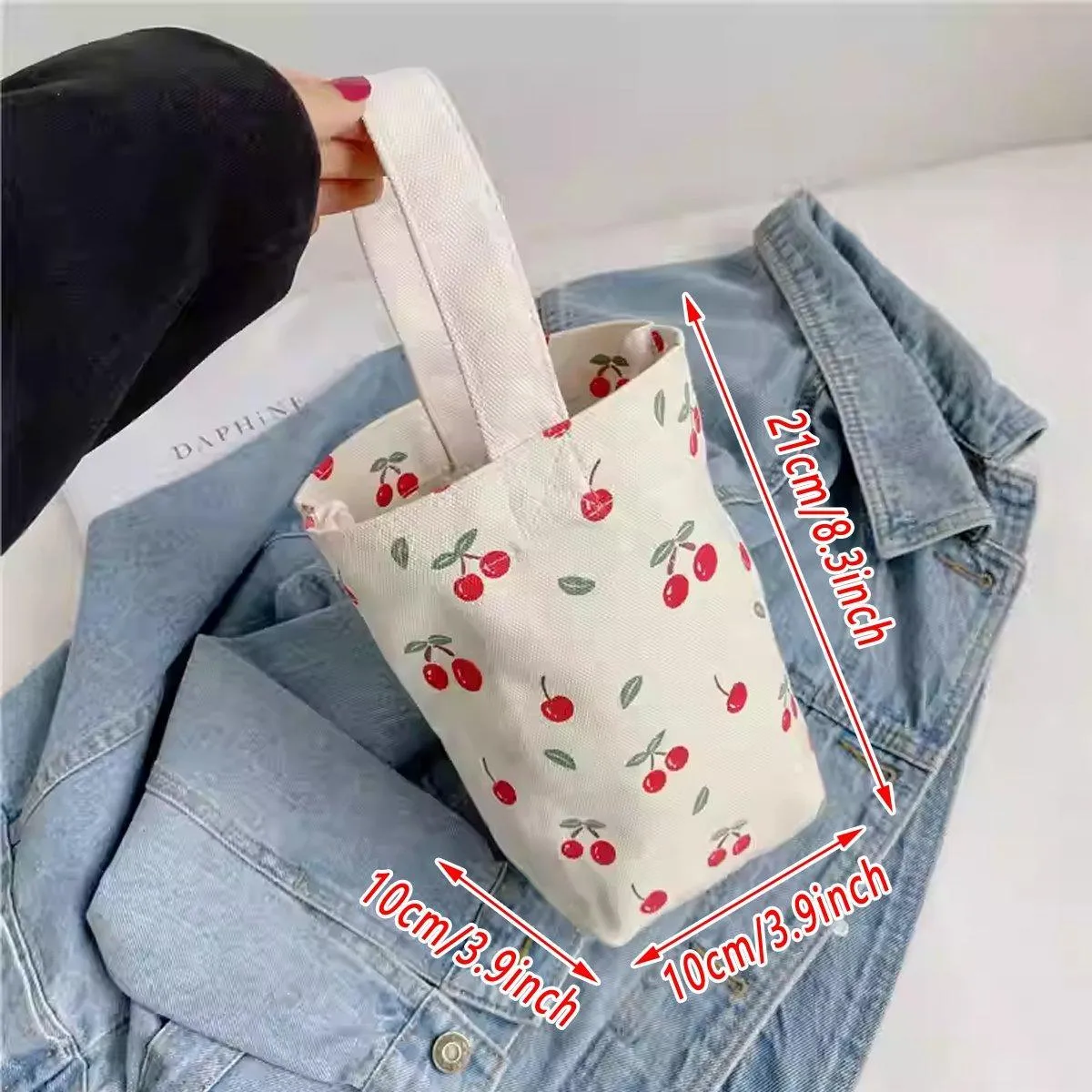 2pcs Cartoon Printed Canvas Bag Cute Casual Handbag Cup Holder Tote Bag Set