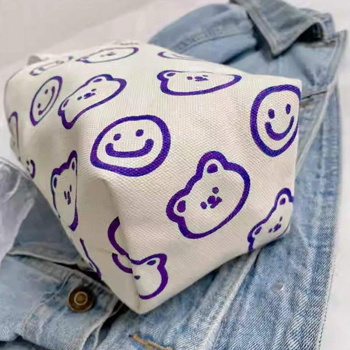 2pcs Cartoon Printed Canvas Bag Cute Casual Handbag Cup Holder Tote Bag Set