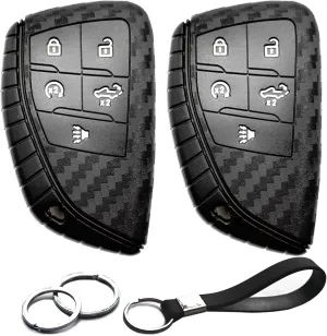 2pcs Compatible with Chevy GMC Key Fob Cover Case Key Chain fit for Chevrolet Chevy Silverado 1500 2500 3500 HD EV GMC Sierra 1500 2500 3500 HD Accessories Shell Holder Carbon Fiber Black