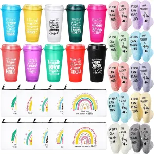 30 Pieces Teacher Gifts Bulk,Graduation Back to School Day Appreciation Week Gift 16oz Plastic Coffee Tumbler with Lids Teacher Makeup Bags Crew Socks for Women Coworker