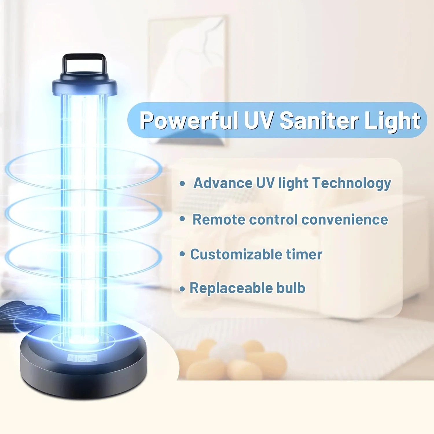 38W UV Sanitizer Light, Portable Ultraviolet Light with 3-Gear Timer and Remote Control, 110V UV Lamp, 99.99% UVC Cleaning Lamp for Home, Office, Hotel, School
