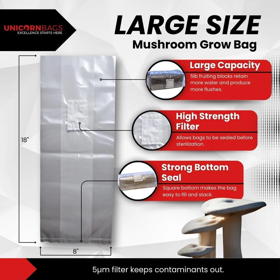 3B OxoD Mushroom Grow Bag Medium Polypropylene 8” x 5” x 19” 5 Micron Filter Biodegradable (20)