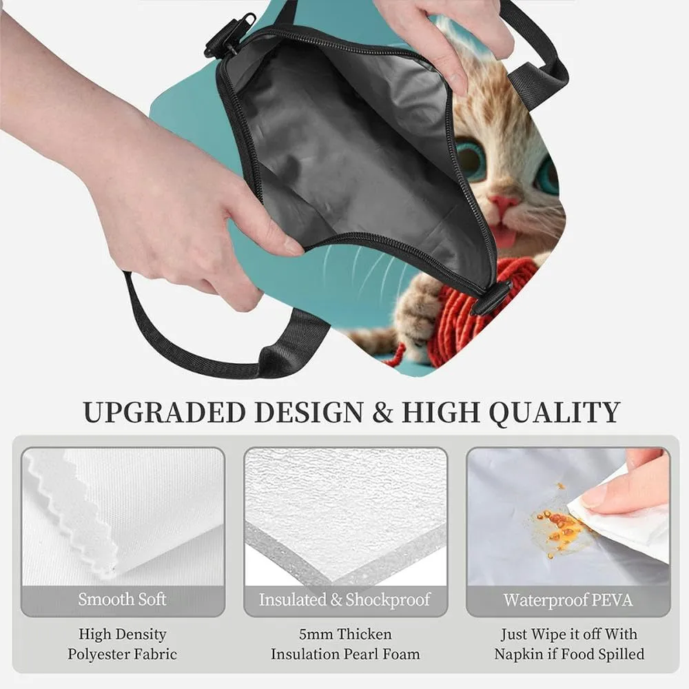 3D cartoon cute cat character playing yarn white copy space Insulated Adult Lunch Bag with Shoulder Strap for Women Lightweight Reusable Portable Freezable Lunch Tote Bag for Work Picnic