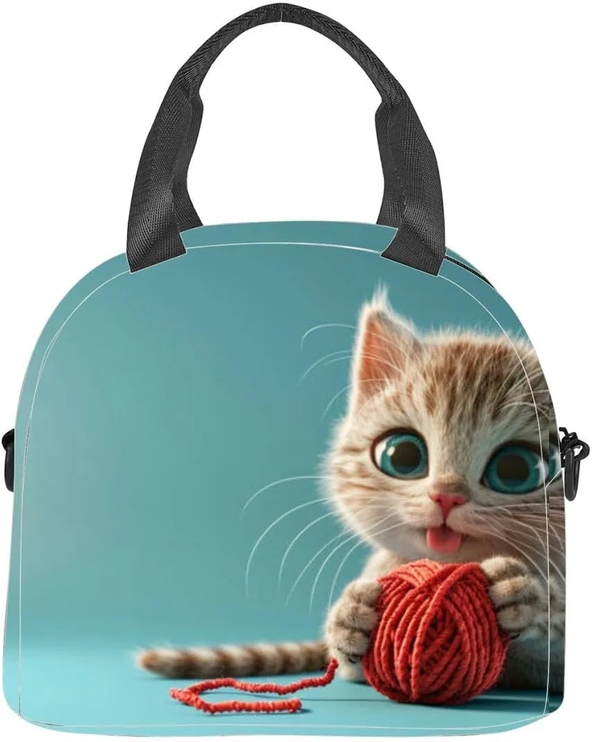 3D cartoon cute cat character playing yarn white copy space Insulated Adult Lunch Bag with Shoulder Strap for Women Lightweight Reusable Portable Freezable Lunch Tote Bag for Work Picnic