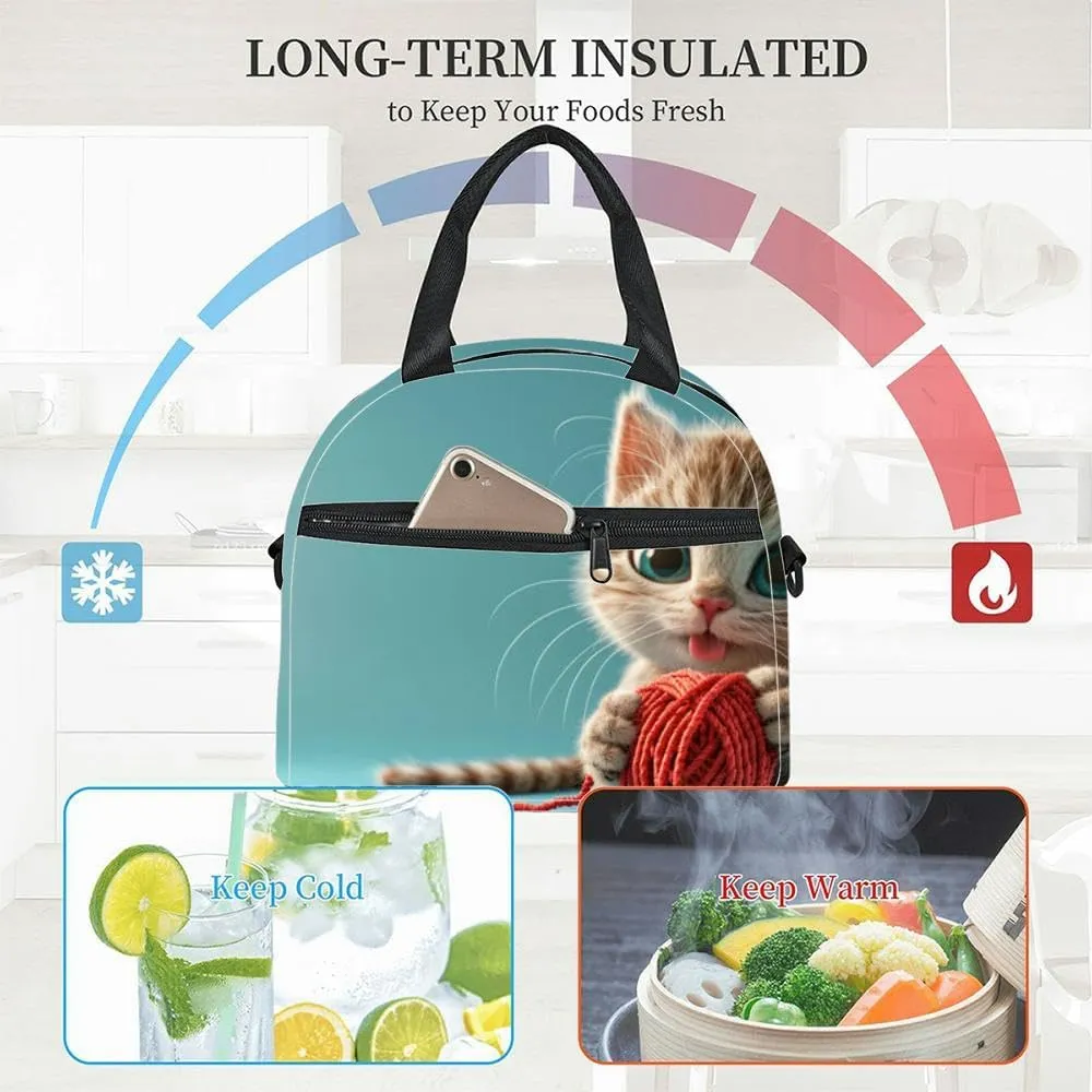3D cartoon cute cat character playing yarn white copy space Insulated Adult Lunch Bag with Shoulder Strap for Women Lightweight Reusable Portable Freezable Lunch Tote Bag for Work Picnic