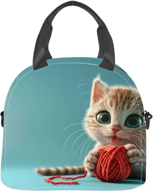 3D cartoon cute cat character playing yarn white copy space Insulated Adult Lunch Bag with Shoulder Strap for Women Lightweight Reusable Portable Freezable Lunch Tote Bag for Work Picnic