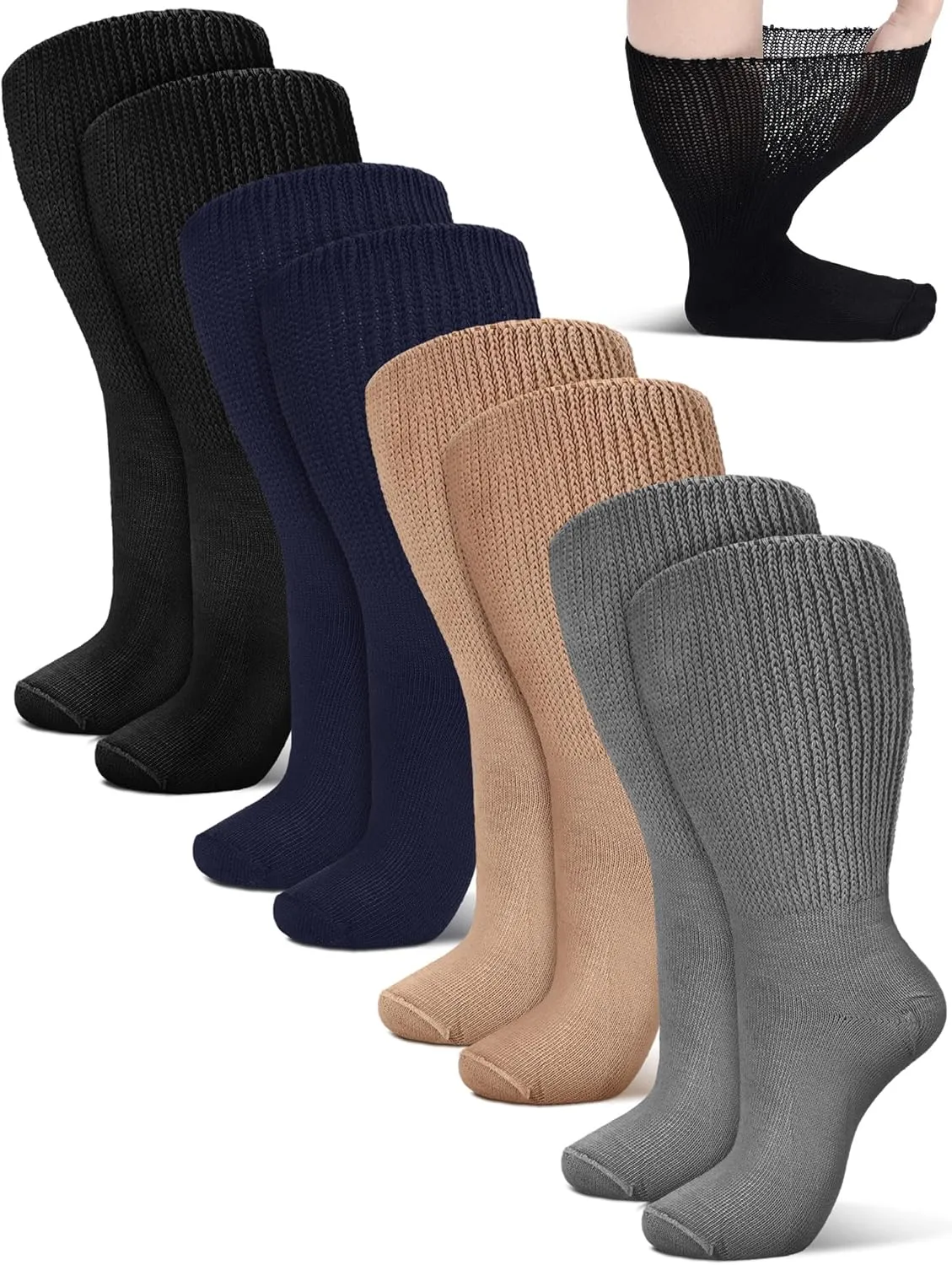 4 Pairs Extra Wide Socks Swollen 30" Lymphedema Bariatric Socks Non Binding Loose Fit(10-13,Dark Blue,Gray,Black,Beige)