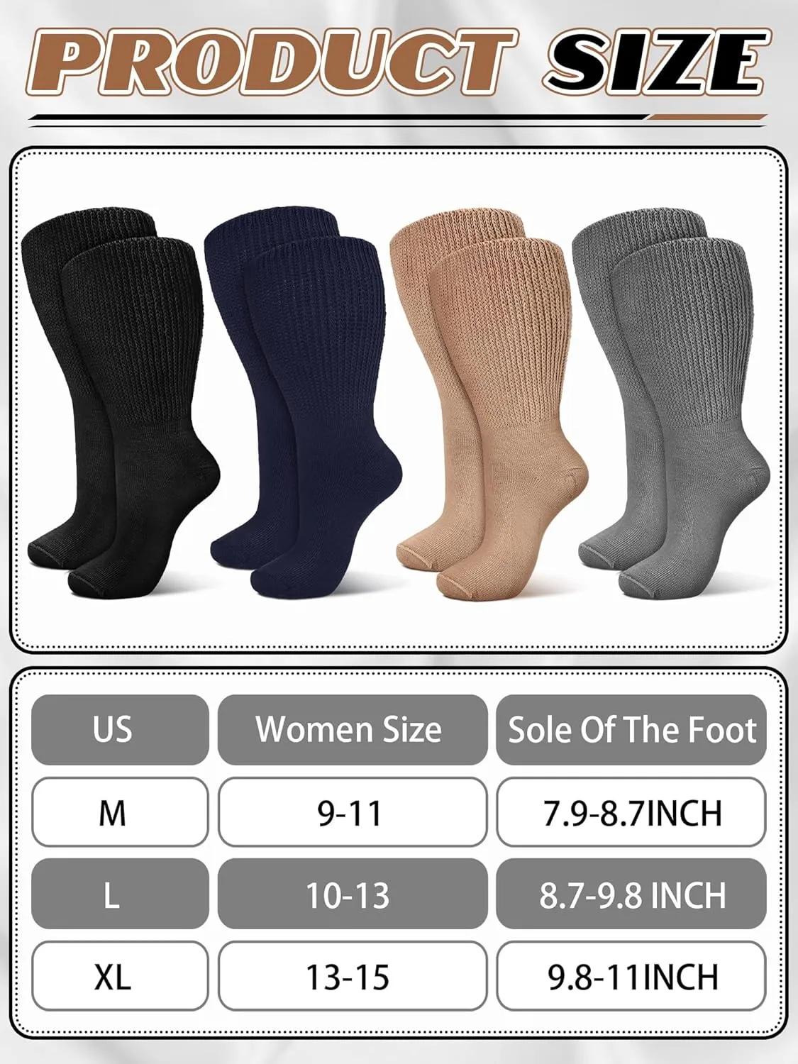 4 Pairs Extra Wide Socks Swollen 30" Lymphedema Bariatric Socks Non Binding Loose Fit(10-13,Dark Blue,Gray,Black,Beige)