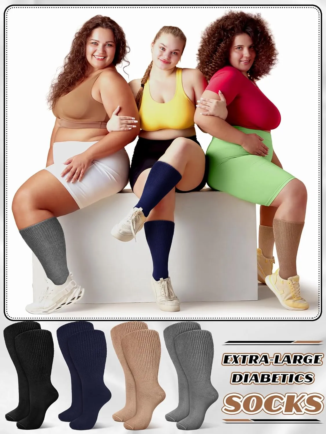 4 Pairs Extra Wide Socks Swollen 30" Lymphedema Bariatric Socks Non Binding Loose Fit(10-13,Dark Blue,Gray,Black,Beige)