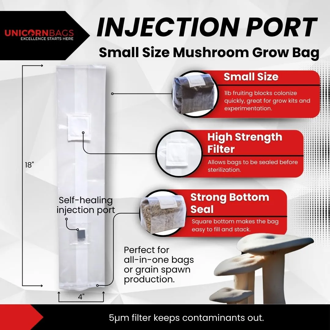 4B Injection Port OxoD Mushroom Grow Bag Extra Small Polypropylene 4” x 3” x 18” 5 Micron Filter Biodegradable (20)