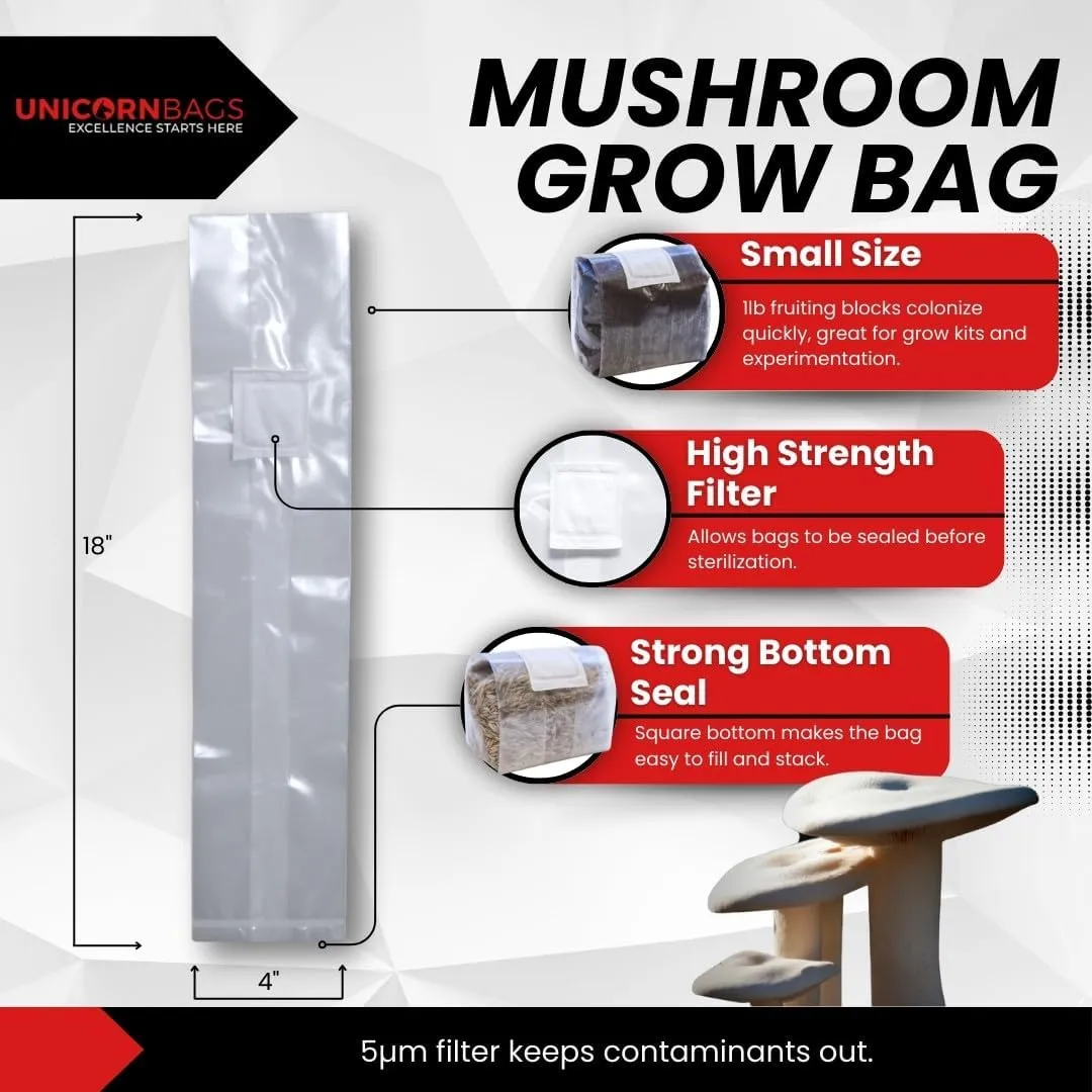 4B OxoD Mushroom Grow Bag Extra Small Polypropylene 4” x 3” x 18” 5 Micron Filter Biodegradable (20)