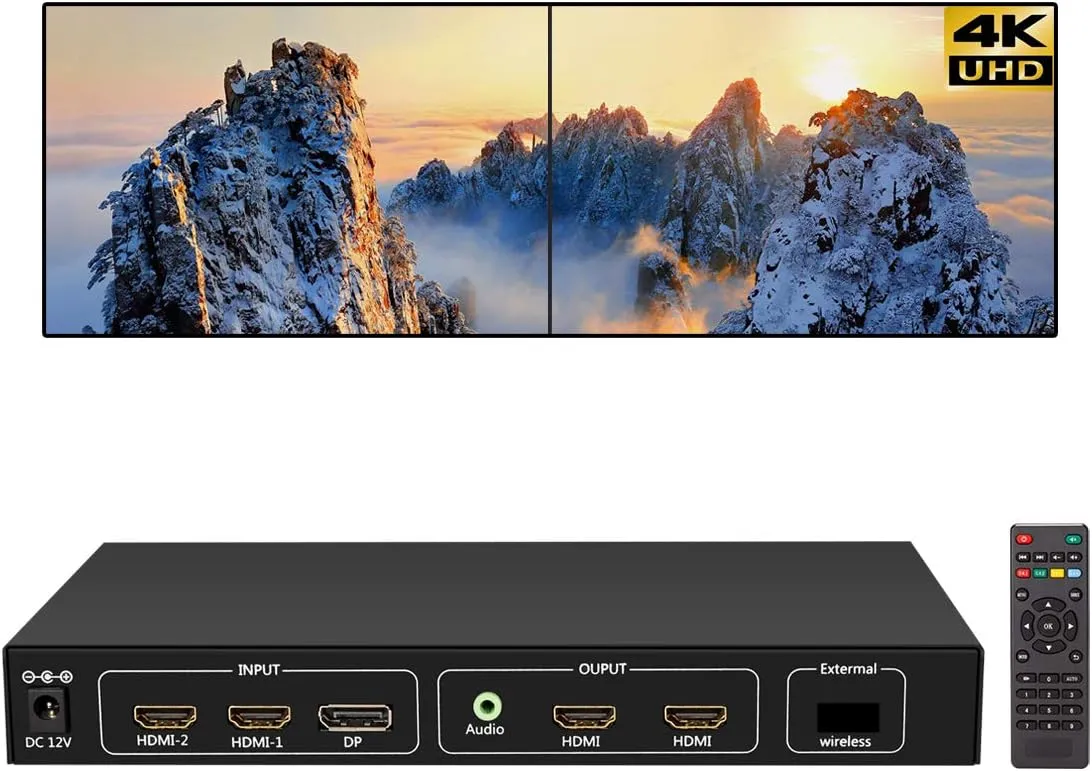 4K Video Wall Controller, 1x2 TV Wall Processor Input Support 3840x2160@60HZ /30HZ DP1.2 Signal, Support Each Output 1920x1080/60HZ, Real 4K Resolution