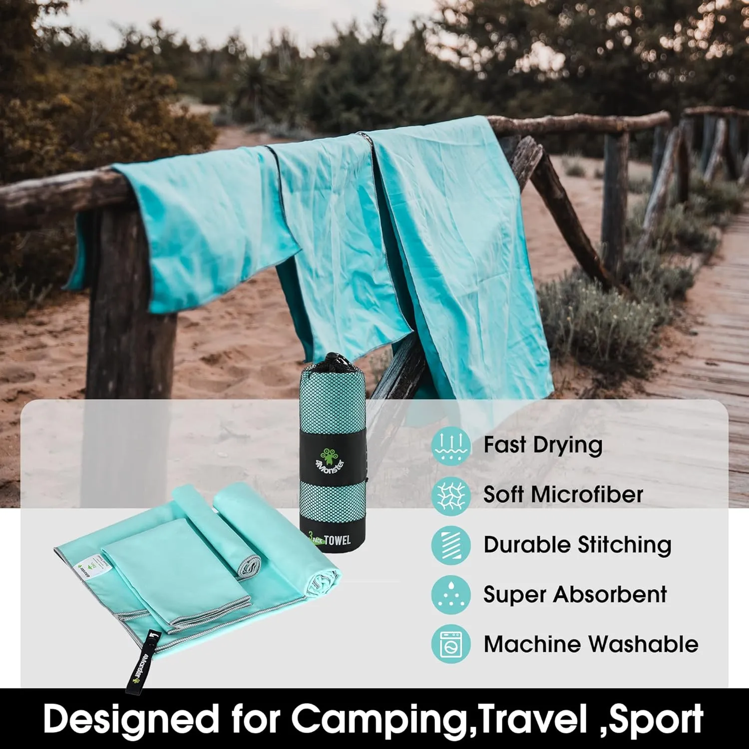 4Monster Camping Towels 3 Size at 1 Pack,Quick Dry Microfiber Towel,Beach Travel Towel Ultra Compact,Soft Gym Towel for Hiking Yoga Travel Sports Backpacking Trip and Pool