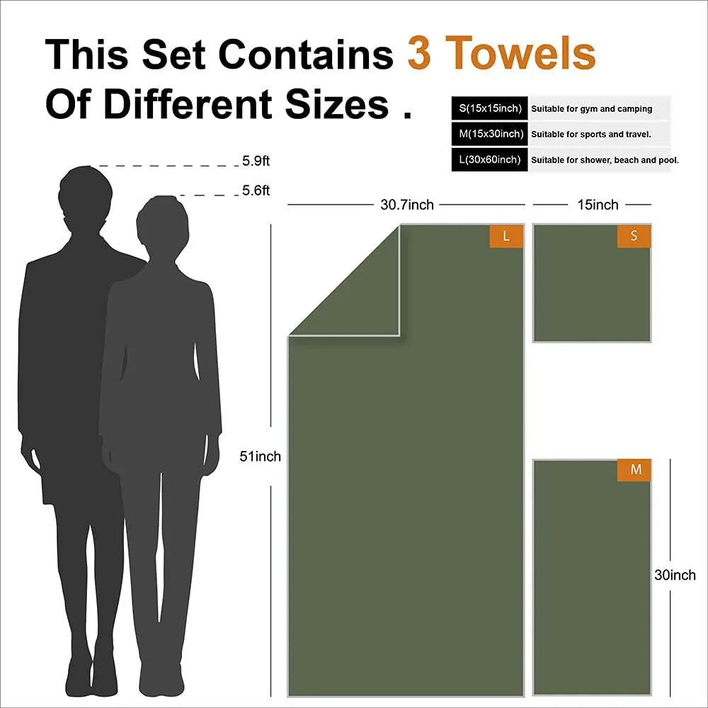 4Monster Camping Towels 3 Size at 1 Pack,Quick Dry Microfiber Towel,Beach Travel Towel Ultra Compact,Soft Gym Towel for Hiking Yoga Travel Sports Backpacking Trip and Pool