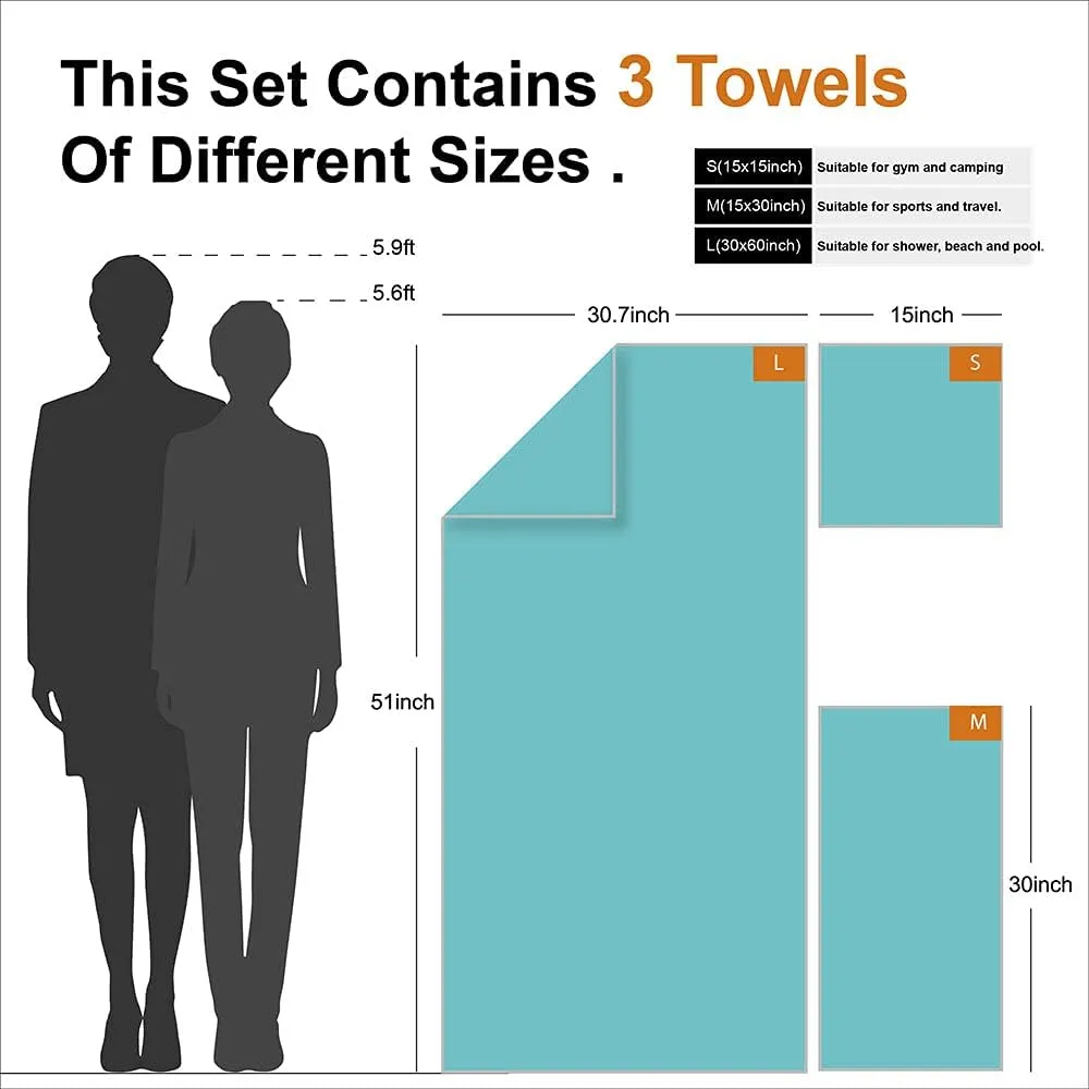 4Monster Camping Towels 3 Size at 1 Pack,Quick Dry Microfiber Towel,Beach Travel Towel Ultra Compact,Soft Gym Towel for Hiking Yoga Travel Sports Backpacking Trip and Pool
