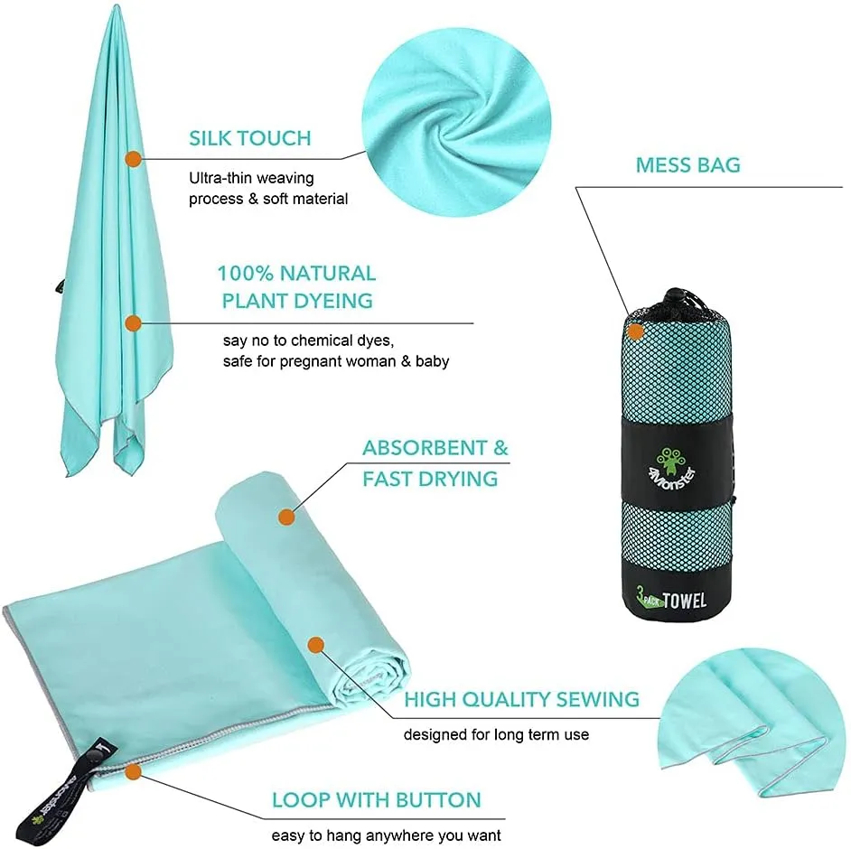 4Monster Camping Towels 3 Size at 1 Pack,Quick Dry Microfiber Towel,Beach Travel Towel Ultra Compact,Soft Gym Towel for Hiking Yoga Travel Sports Backpacking Trip and Pool