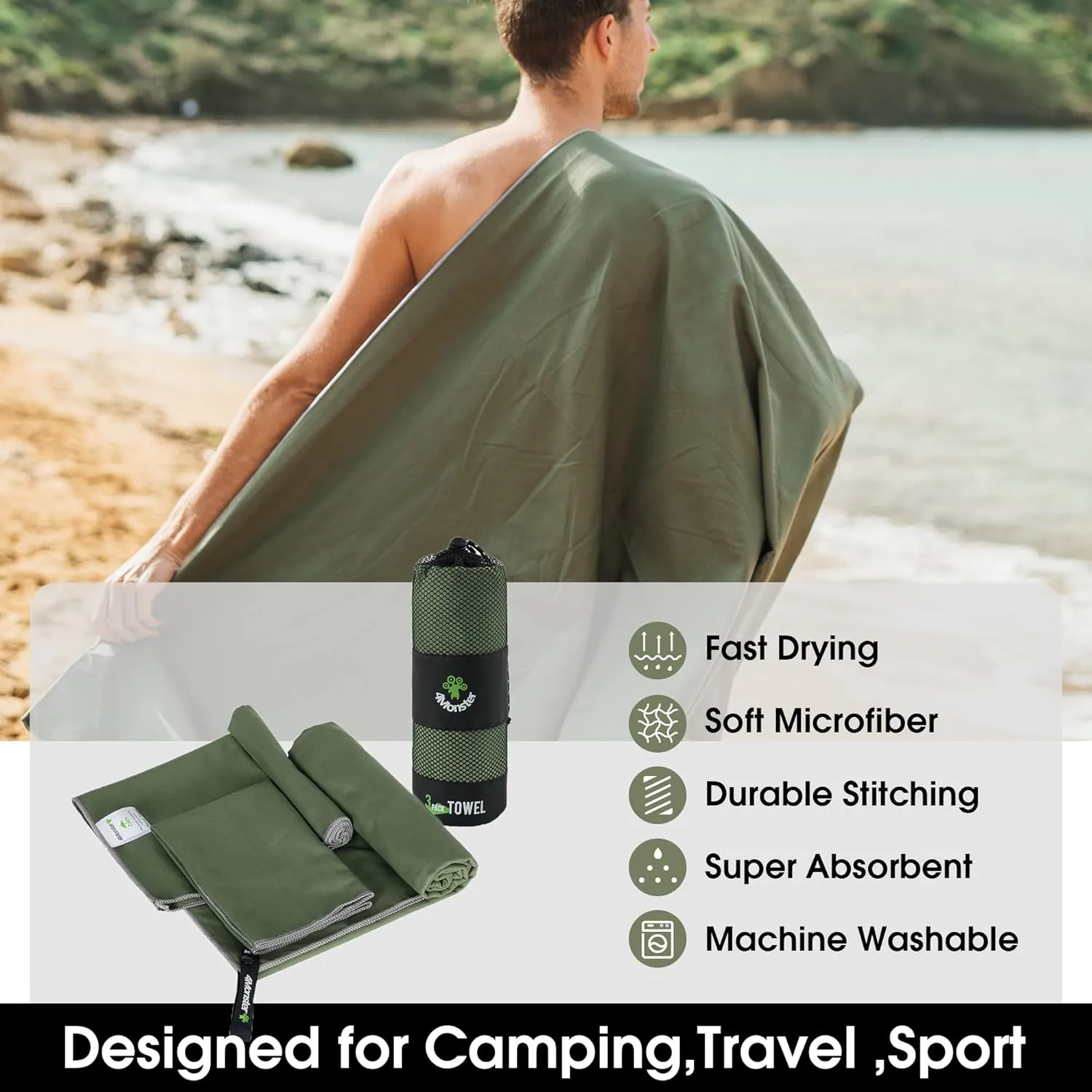 4Monster Camping Towels 3 Size at 1 Pack,Quick Dry Microfiber Towel,Beach Travel Towel Ultra Compact,Soft Gym Towel for Hiking Yoga Travel Sports Backpacking Trip and Pool