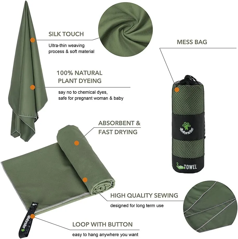 4Monster Camping Towels 3 Size at 1 Pack,Quick Dry Microfiber Towel,Beach Travel Towel Ultra Compact,Soft Gym Towel for Hiking Yoga Travel Sports Backpacking Trip and Pool