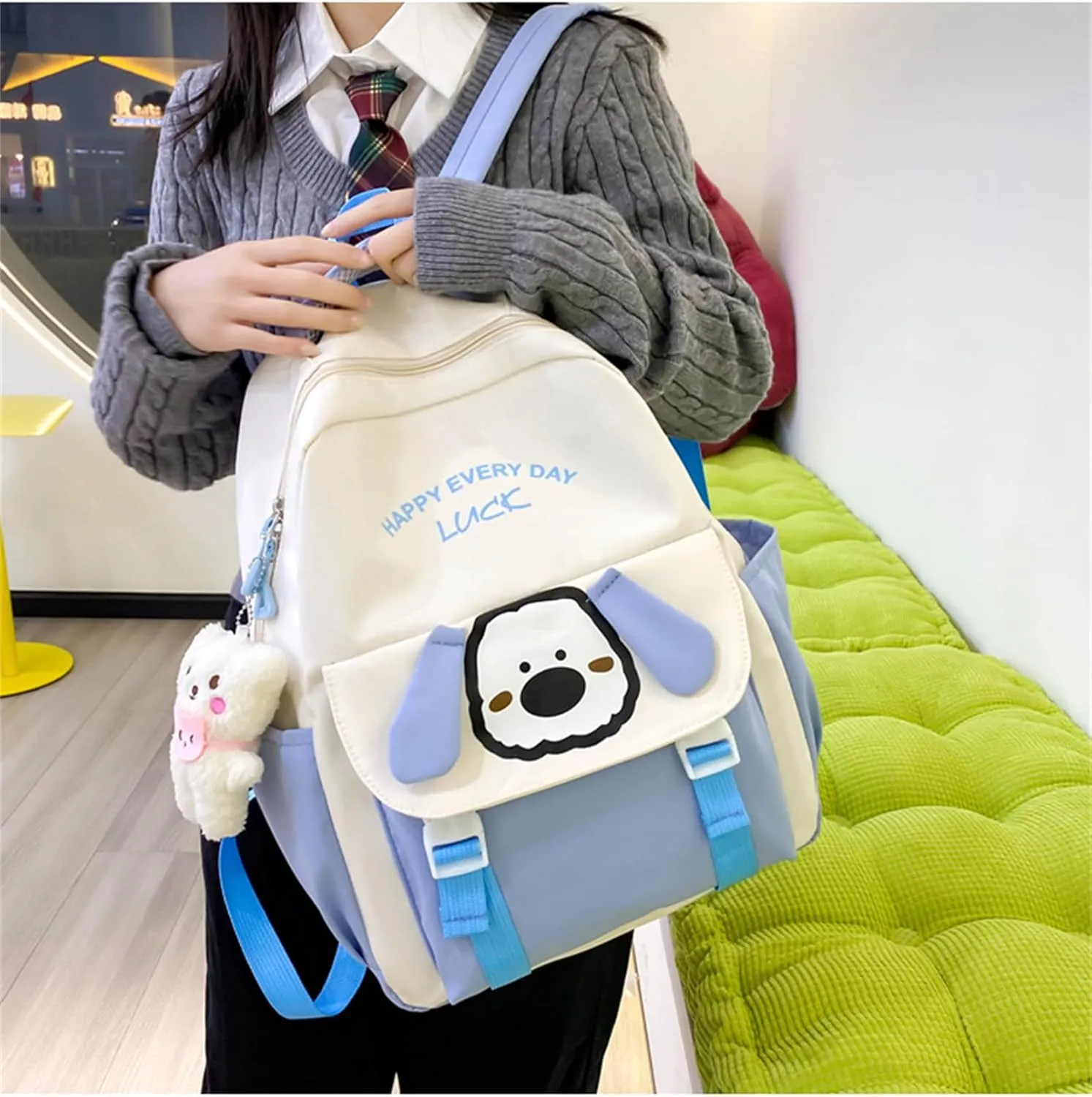 4Pcs Dog Cute Backpack Combo Set Kawaii School Backpack School Bag with Bear Pendant Accessories Crossbody Bag, Pen Pouch for Girls Back to School Supplies