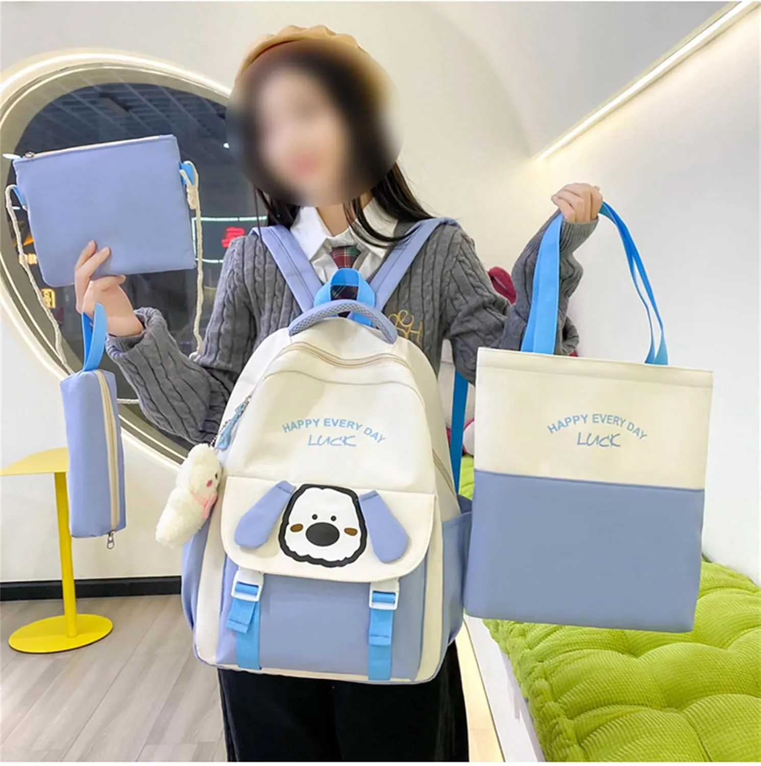 4Pcs Dog Cute Backpack Combo Set Kawaii School Backpack School Bag with Bear Pendant Accessories Crossbody Bag, Pen Pouch for Girls Back to School Supplies