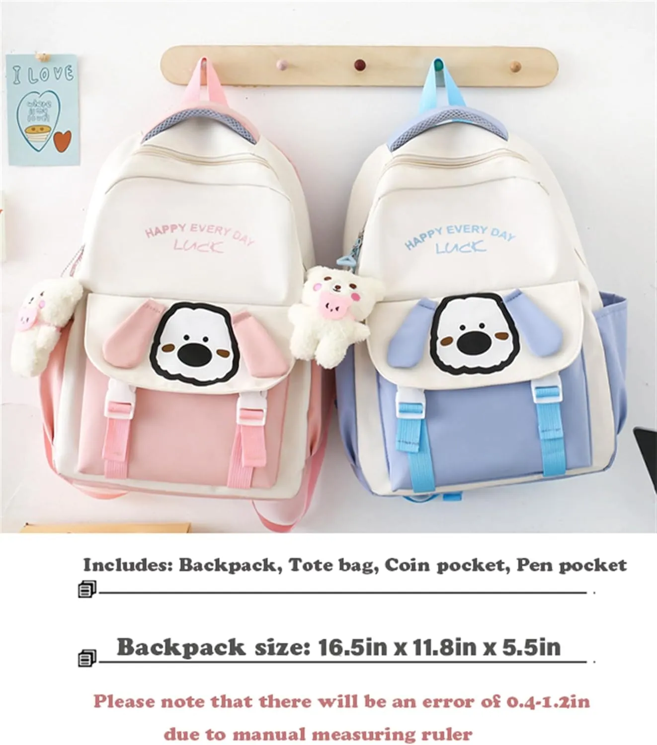 4Pcs Dog Cute Backpack Combo Set Kawaii School Backpack School Bag with Bear Pendant Accessories Crossbody Bag, Pen Pouch for Girls Back to School Supplies