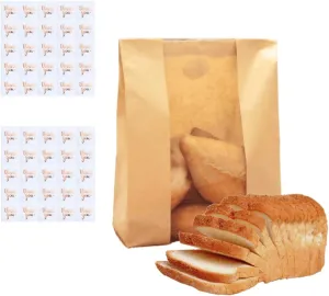 50 Large Paper Bread Bags Homemade Bread Sourdough Bread Bags Paper Biodegradable Pastry Bakery Bag with Window for Freshness and Safety - Baked Food Storage Label Seal Sticker