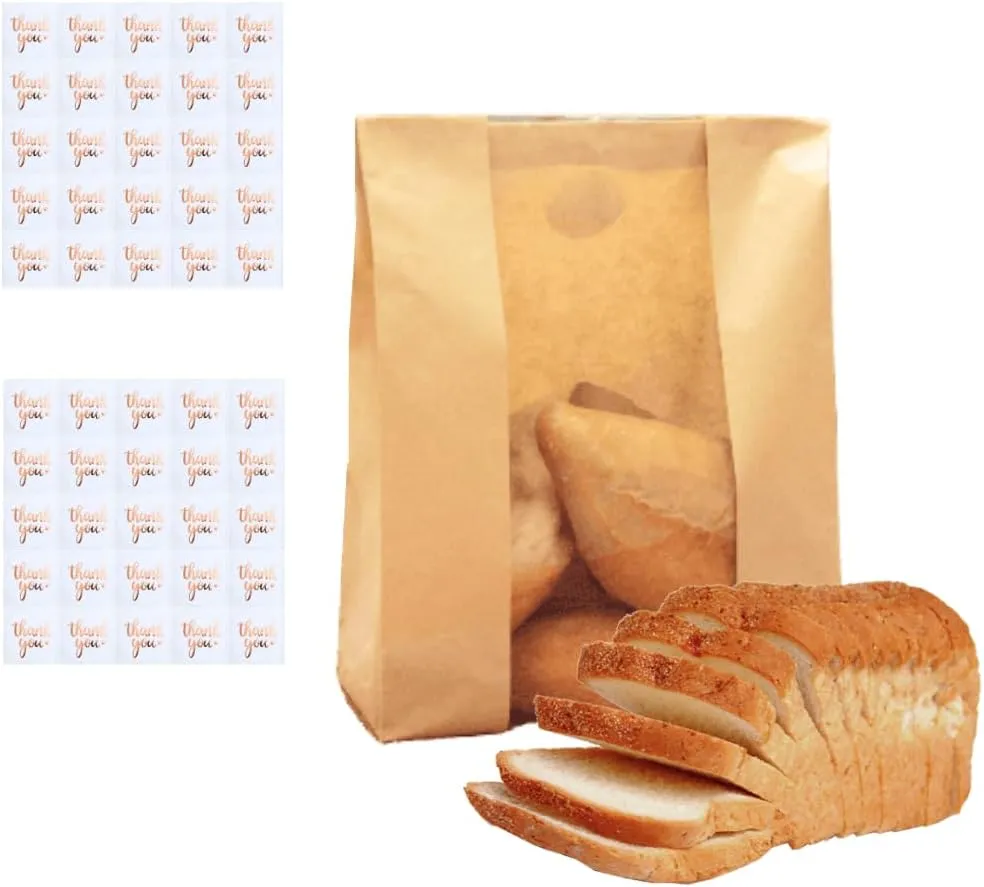 50 Large Paper Bread Bags Homemade Bread Sourdough Bread Bags Paper Biodegradable Pastry Bakery Bag with Window for Freshness and Safety - Baked Food Storage Label Seal Sticker