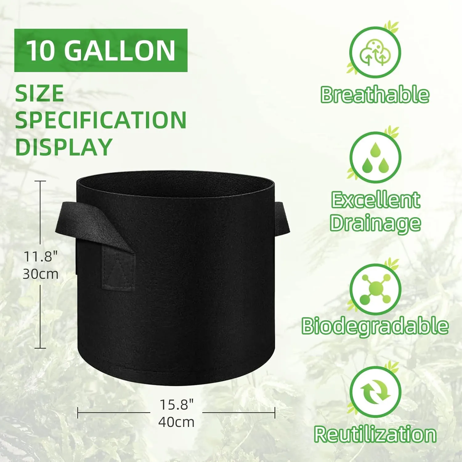 50 Pack 10 Gallon Plant Grow Bags, Breathable Felt Non-Woven Aeration Fabric Plant Grow Pots, Garden Planting Containers for Nursery Vegetable Flower Grow Bags with Handles (15.7x11.8inch)