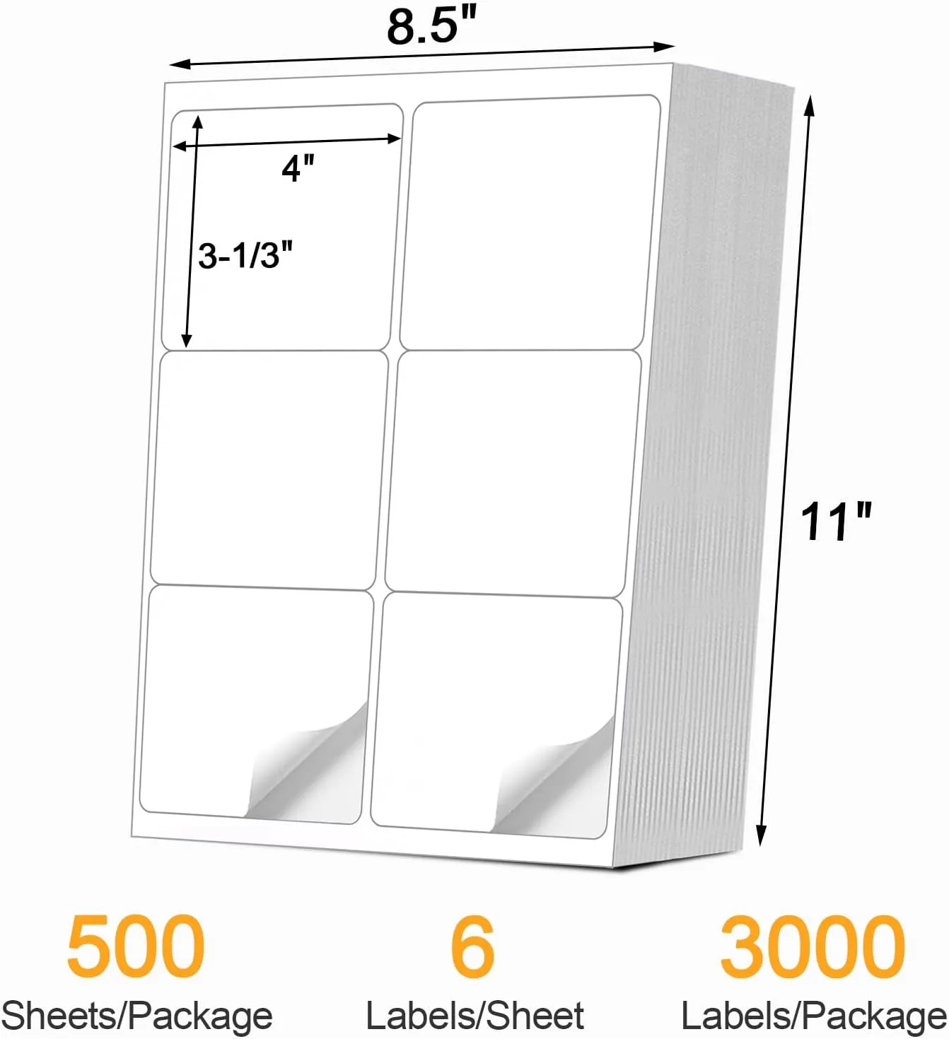 [500 Sheets 3000 Pcs] 6-UP 4''x3-1/3'' Shipping Labels for Laser & Inkjet Printers, A4 6 UP Shipping Mailing Stickers, 6 Pcs Per Page Shipping Labels,8.5"×11" White Stickers for Printer