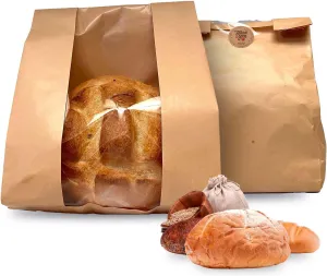 50pcs, Paper Bread Bags with window, Large bakery bread bags for homemade baked goods, Sourdough, Snacks, Packing Storage, Gifting Bag, Bonus Sticker Seal, Kraft Paper, 13.6 x 8.25 x 3.75 inches