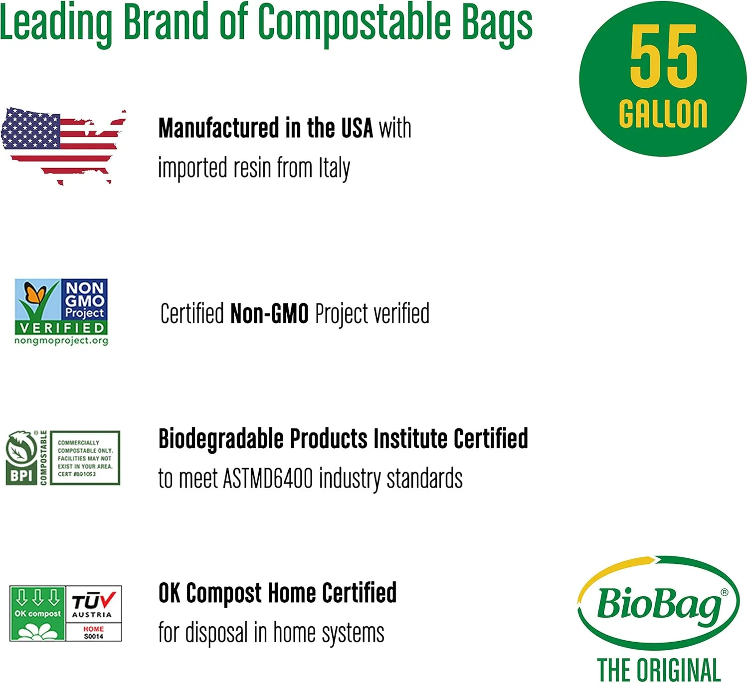 55 Gallon BioBag The Original Compostable Food Scrap Commercial Gallon Bags, 100% Compostable Certified (Made in USA) (80 Count)