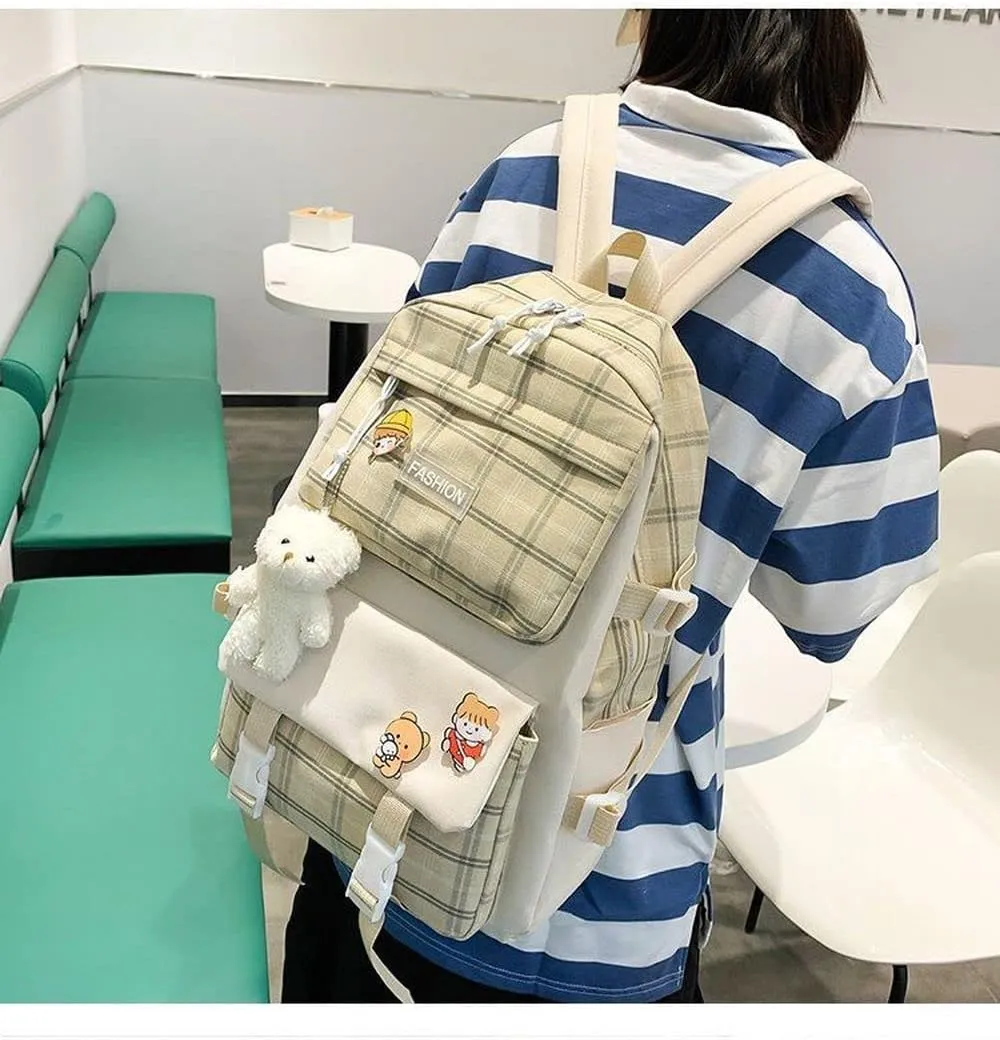 5Pcs Kawaii Canvas School Backpack Combo Set with Pear Pendant Cute Pins Tote Bag Pencil Pouch Plaid Checkered Aesthetic Laptop Schoolbag Daypack Kit Back To School (Green)